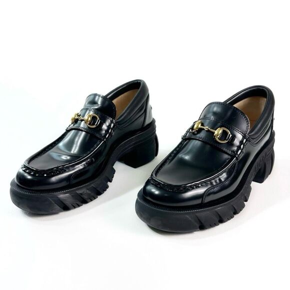 GUCCI Black Horsebit Lug Sole Loafer Size 39 Platform Magnum Leather Chunky Heel - Picture 1 of 15
